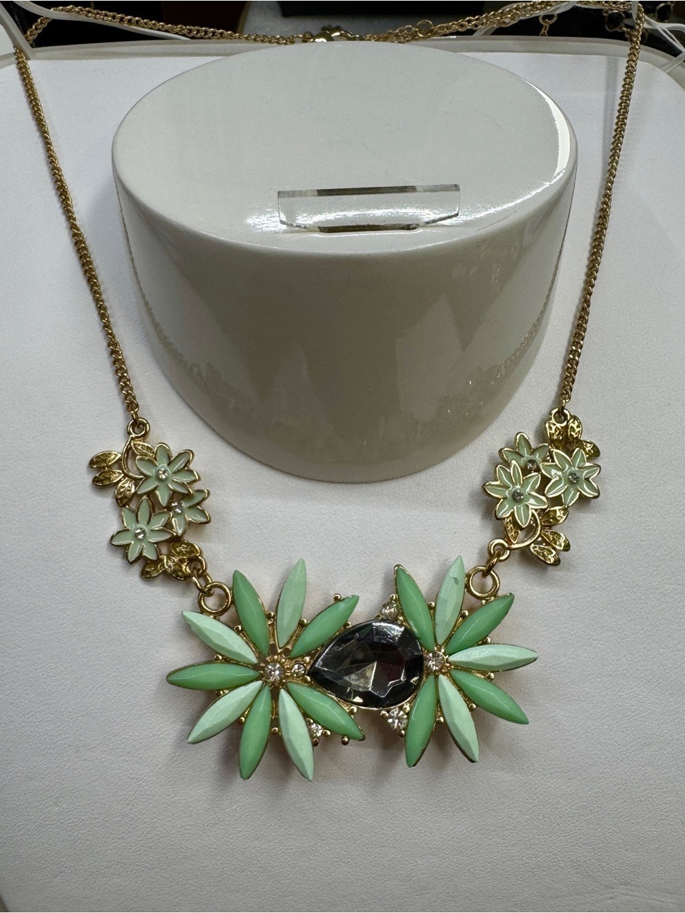 Floral Mint Green Statement Necklace - Gold Tone